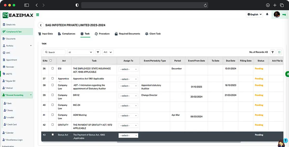EazeMax Bonus Act. Compliance Task Assignment