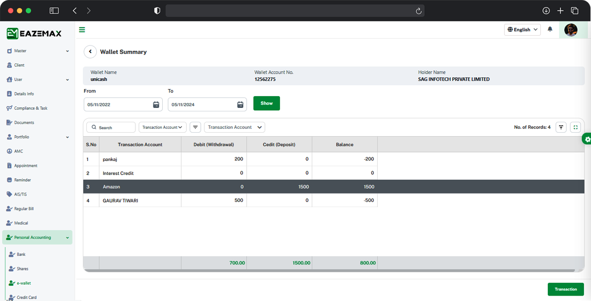 EazeMax E-Wallet-Transaction And Summary