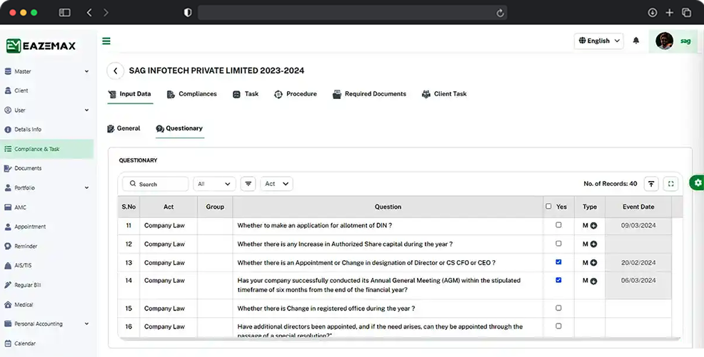 EazeMax Enter Financial Data and Questionary