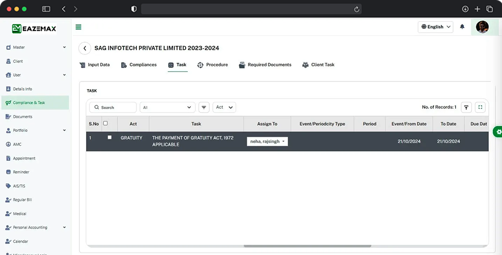 EazeMax Gratuity Compliance Task Management
