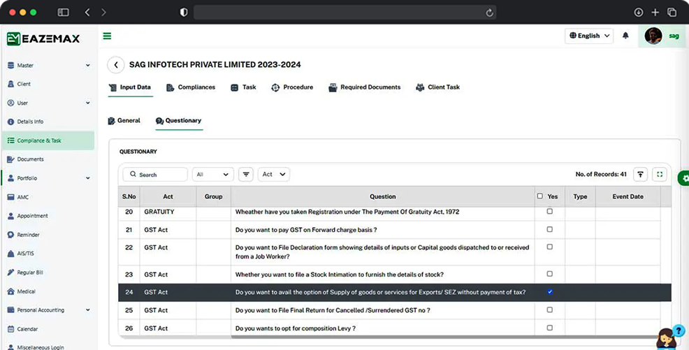 EazeMax Turnover Input and Compliance Questionnaire