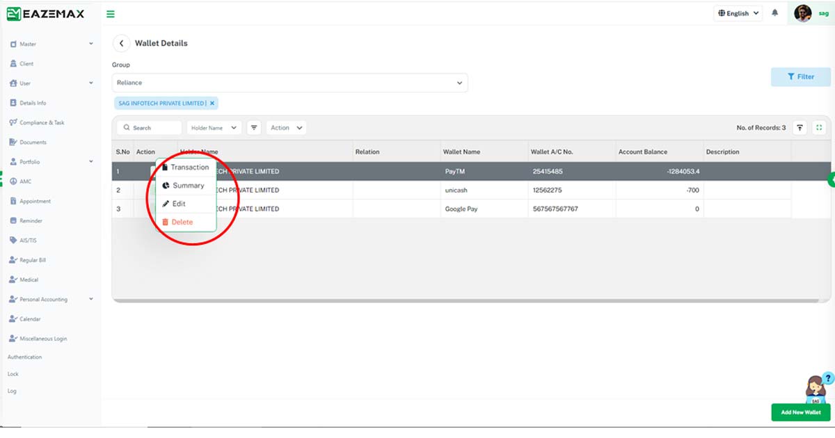 EazeMax Personal Manager Wallet Details