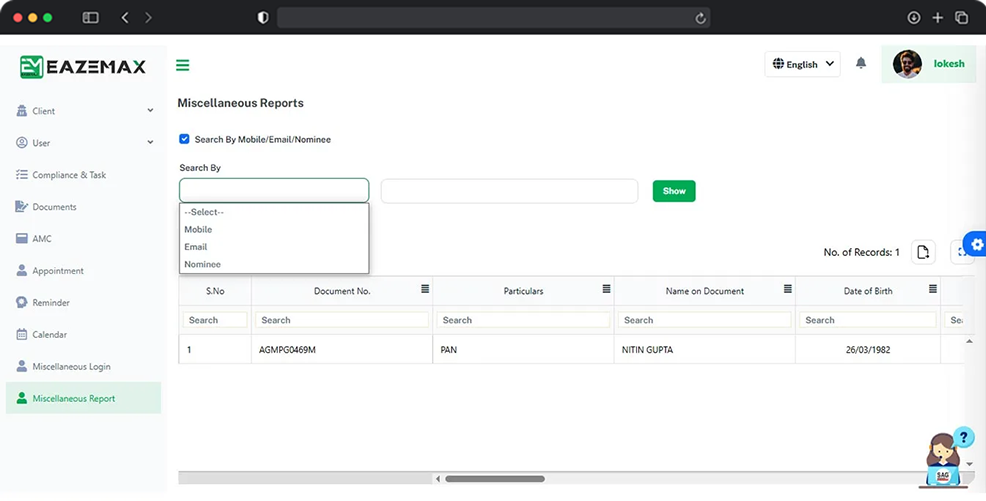 EazeMax Miscellaneous Report Mobile No., E Mail, Nominee