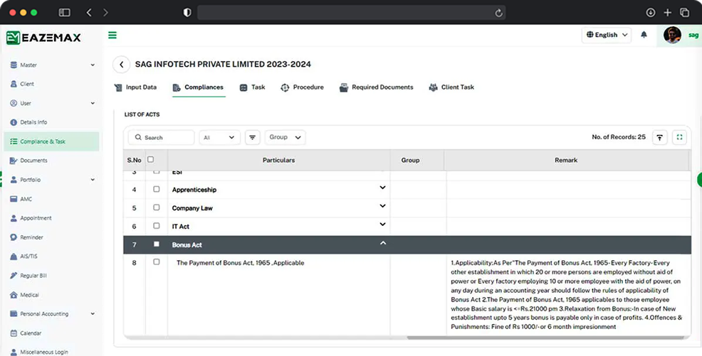 EazeMax Software Input Details and Compliance