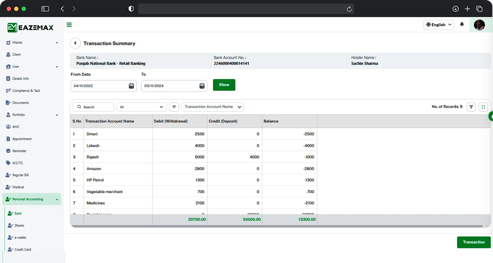EazeMax Software Summarized Transaction Details